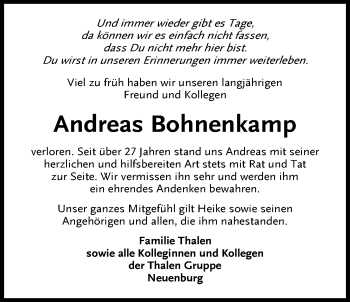 Traueranzeige von Andreas Bohnenkamp von Nordwest-Zeitung