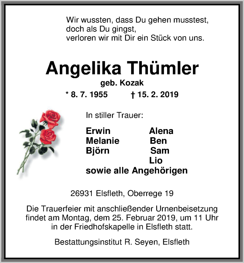  Traueranzeige für Angelika Thümler vom 19.02.2019 aus Nordwest-Zeitung