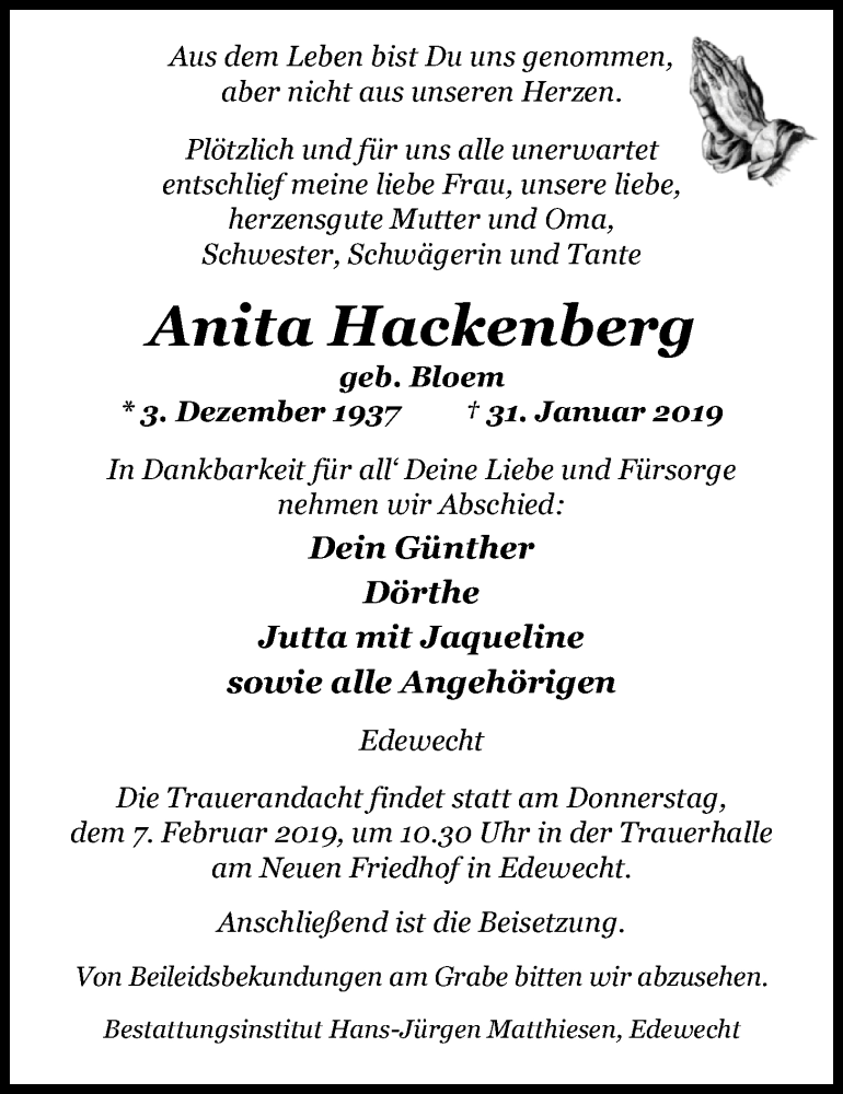  Traueranzeige für Anita Hackenberg vom 04.02.2019 aus Nordwest-Zeitung