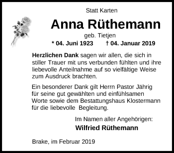 Traueranzeige von Anna Rüthemann von Nordwest-Zeitung