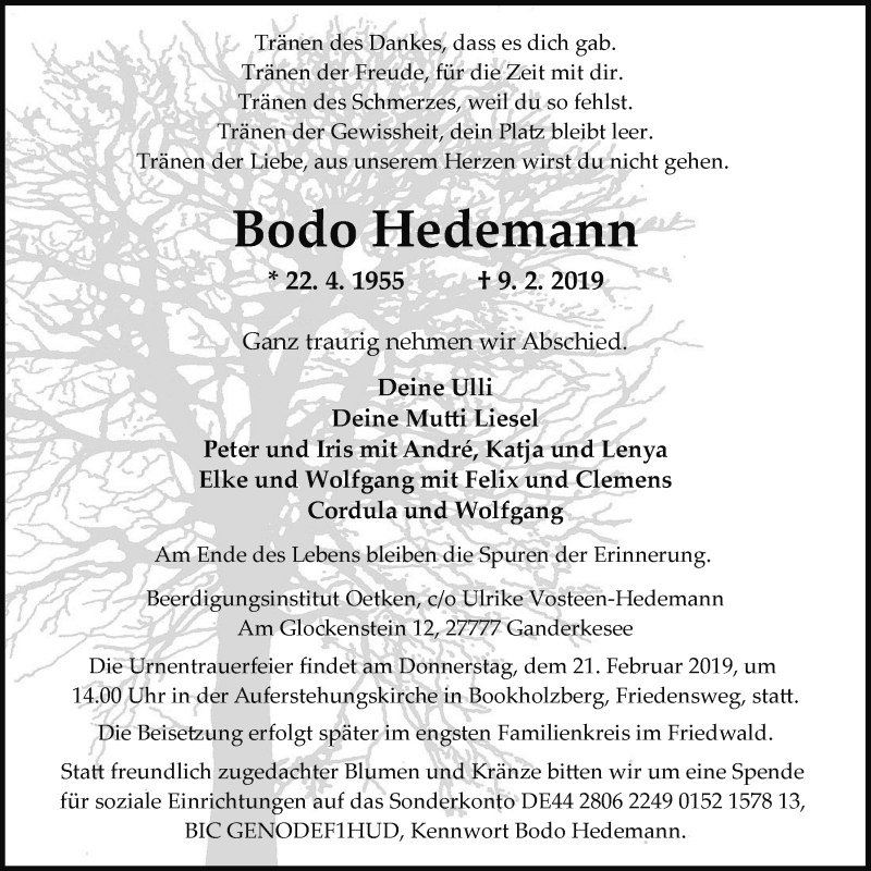 Traueranzeige für Bodo Hedemann vom 13.02.2019 aus Nordwest-Zeitung