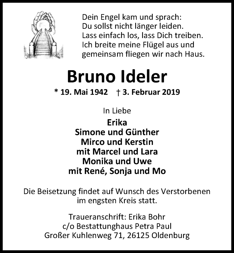  Traueranzeige für Bruno Ideler vom 07.02.2019 aus Nordwest-Zeitung