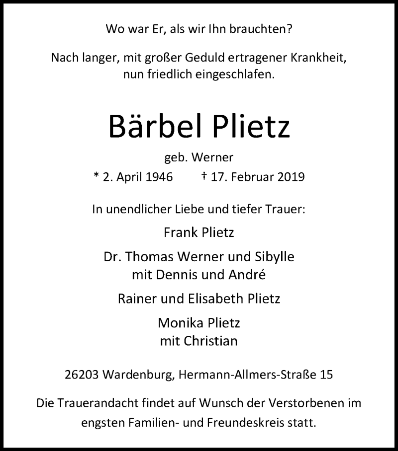  Traueranzeige für Bärbel Plietz vom 21.02.2019 aus Nordwest-Zeitung