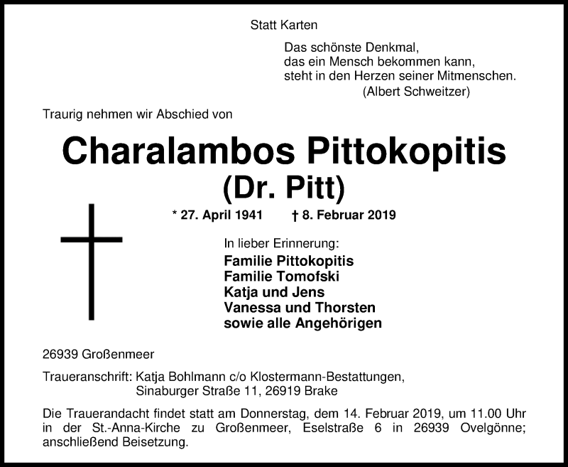  Traueranzeige für Charalambos Pittokopitis vom 11.02.2019 aus Nordwest-Zeitung