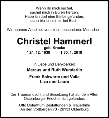 Traueranzeige von Christel Hammerl von Nordwest-Zeitung