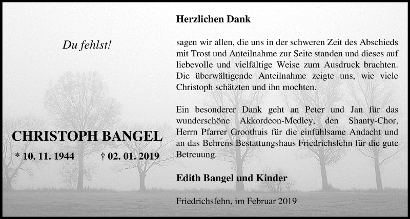  Traueranzeige für Christoph Bangel vom 16.02.2019 aus Nordwest-Zeitung