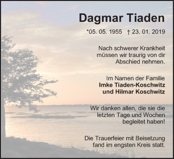 Traueranzeige von Dagmar Tiaden von Nordwest-Zeitung