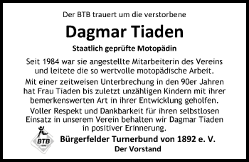 Traueranzeige von Dagmar Tiaden von Nordwest-Zeitung