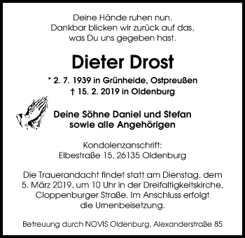 Traueranzeige von Dieter Drost von Nordwest-Zeitung