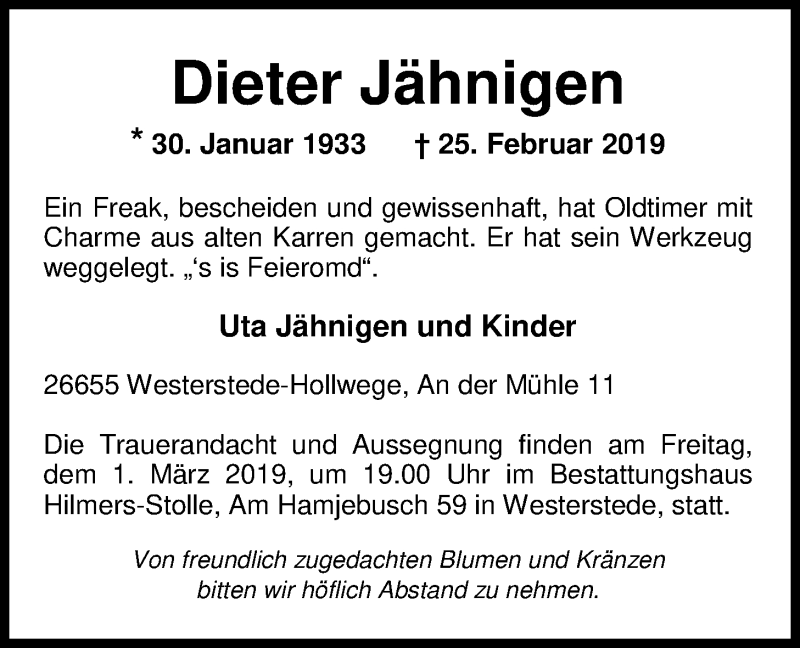  Traueranzeige für Dieter Jähnigen vom 27.02.2019 aus Nordwest-Zeitung
