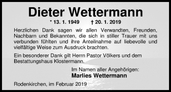 Traueranzeige von Dieter Wettermann von Nordwest-Zeitung