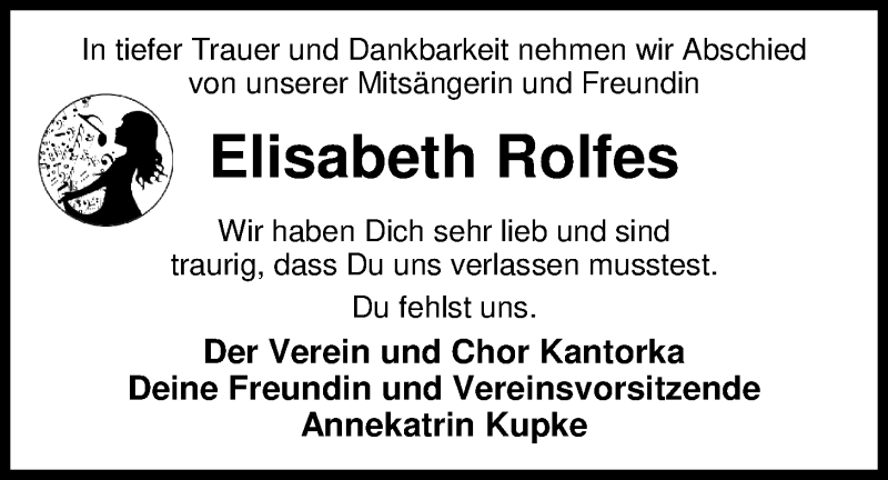 Traueranzeige für Elisabeth Rolfes vom 09.02.2019 aus Nordwest-Zeitung