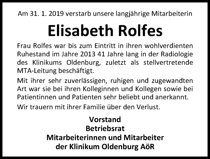  Traueranzeige für Elisabeth Rolfes vom 09.02.2019 aus Nordwest-Zeitung