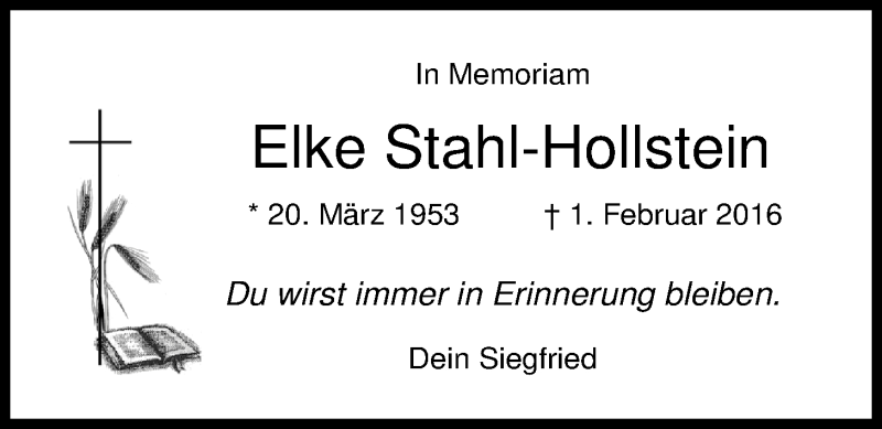  Traueranzeige für Elke Stahl-Hollstein vom 02.02.2019 aus Nordwest-Zeitung