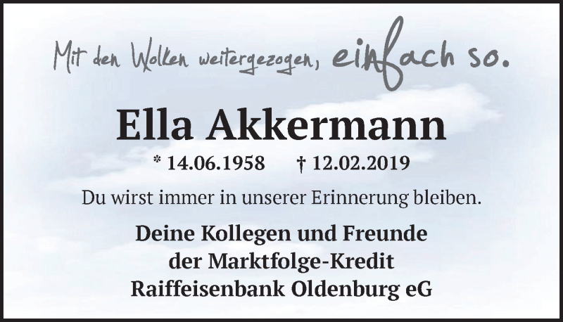 Traueranzeige für Ella Akkermann vom 16.02.2019 aus Nordwest-Zeitung