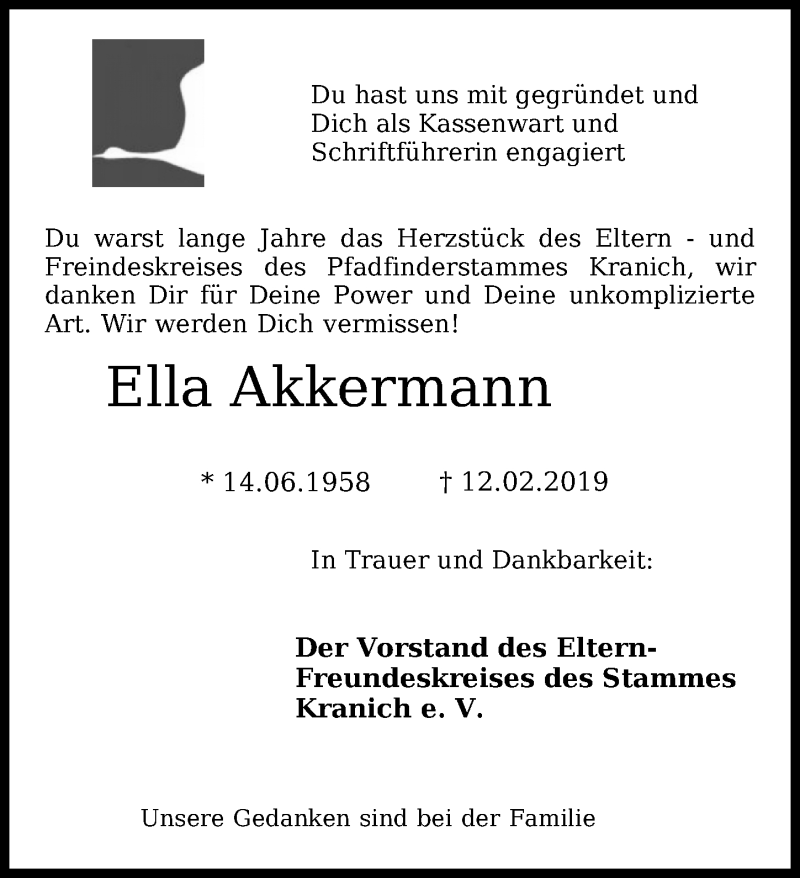  Traueranzeige für Ella Akkermann vom 16.02.2019 aus Nordwest-Zeitung