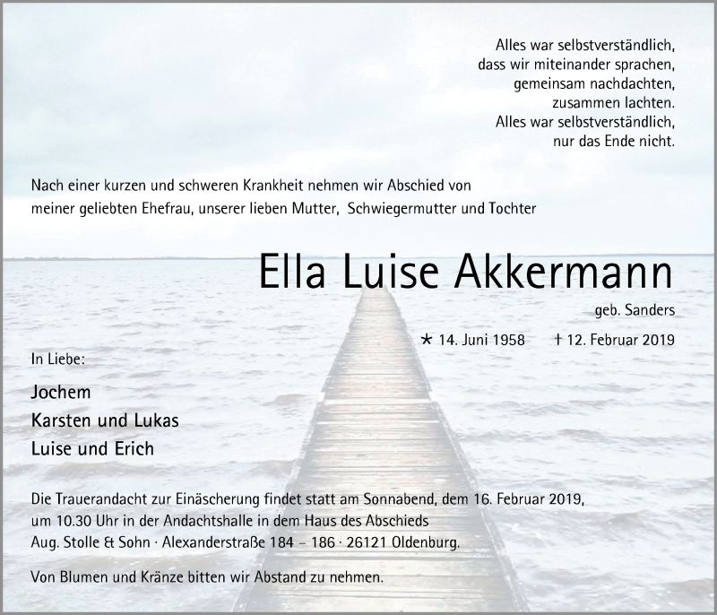  Traueranzeige für Ella Luise Akkermann vom 14.02.2019 aus Nordwest-Zeitung