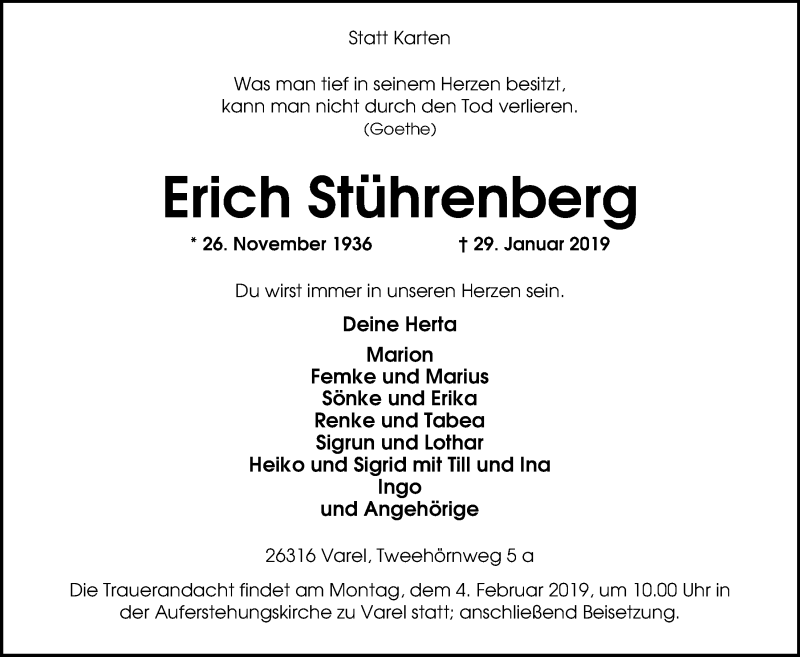  Traueranzeige für Erich Stührenberg vom 01.02.2019 aus Nordwest-Zeitung