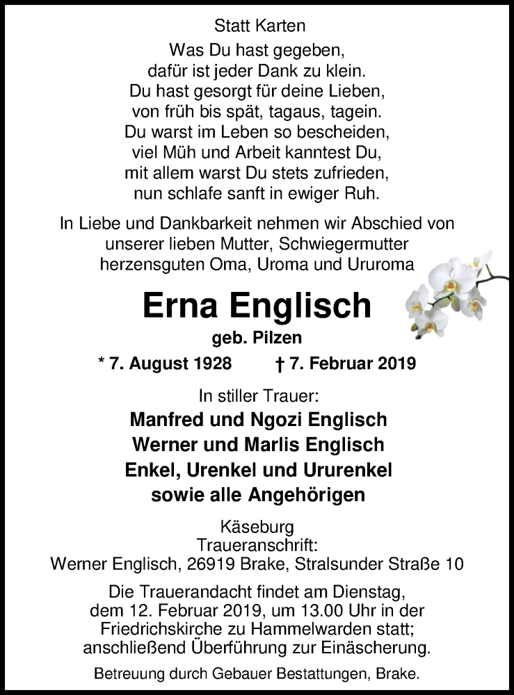  Traueranzeige für Erna Englisch vom 09.02.2019 aus Nordwest-Zeitung