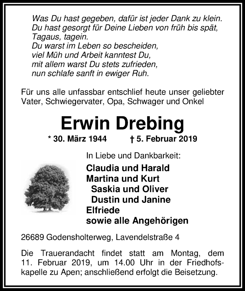  Traueranzeige für Erwin Drebing vom 07.02.2019 aus Nordwest-Zeitung
