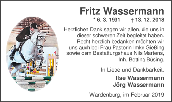 Traueranzeige von Fritz Wassermann von Nordwest-Zeitung