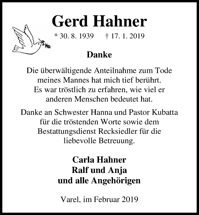  Traueranzeige für Gerd Hahner vom 13.02.2019 aus Nordwest-Zeitung
