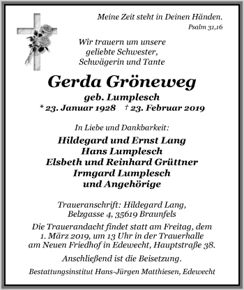 Traueranzeige von Gerda Gröneweg von Nordwest-Zeitung