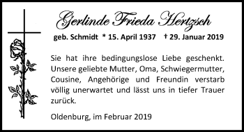 Traueranzeige von Gerlinde Hertzsch von Nordwest-Zeitung