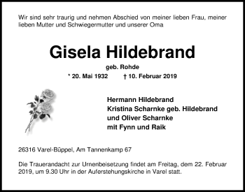 Traueranzeige von Gisela Hildebrand von Nordwest-Zeitung