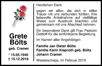 Traueranzeige von Grete Bölts von Nordwest-Zeitung