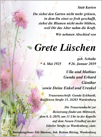 Traueranzeige von Grete Lüschen von Nordwest-Zeitung