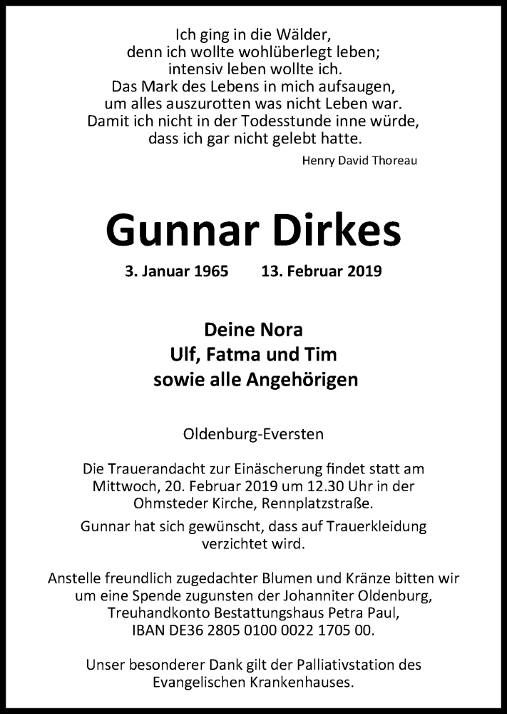  Traueranzeige für Gunnar Dirkes vom 16.02.2019 aus Nordwest-Zeitung