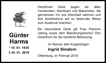 Traueranzeige von Günter Harms von Nordwest-Zeitung