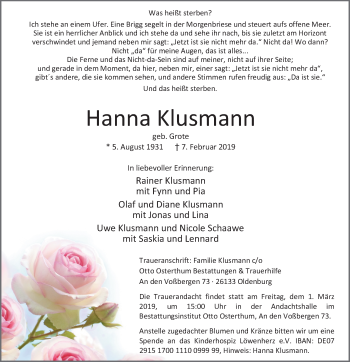 Traueranzeige von Hanna Klusmann von Nordwest-Zeitung