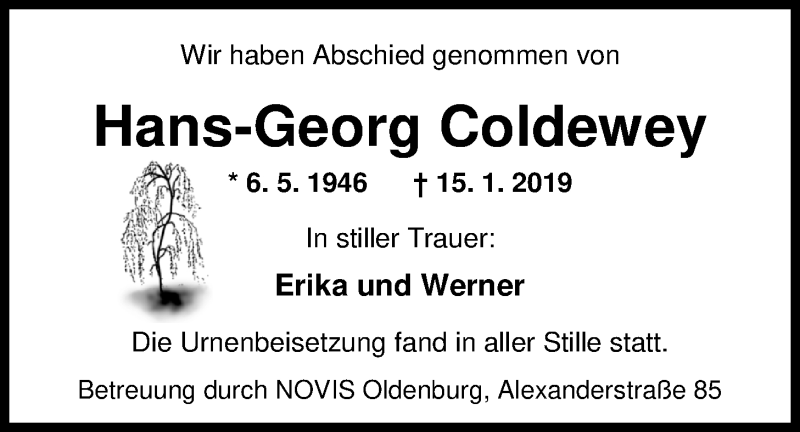  Traueranzeige für Hans-Georg Coldewey vom 15.02.2019 aus Nordwest-Zeitung