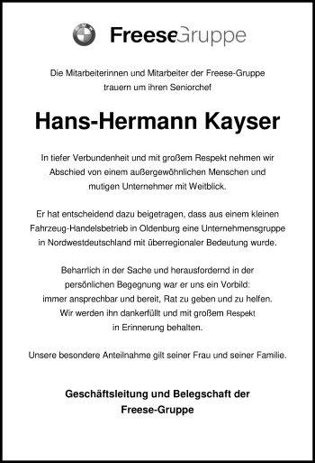 Traueranzeige von Hans-Hermann Kayser von Nordwest-Zeitung