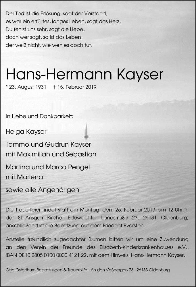  Traueranzeige für Hans-Hermann Kayser vom 20.02.2019 aus Nordwest-Zeitung