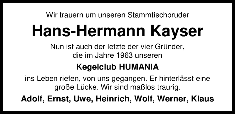  Traueranzeige für Hans-Hermann Kayser vom 20.02.2019 aus Nordwest-Zeitung