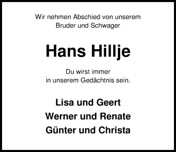 Traueranzeige von Hans Hillje von Nordwest-Zeitung