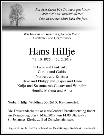 Traueranzeige von Hans Hillje von Nordwest-Zeitung