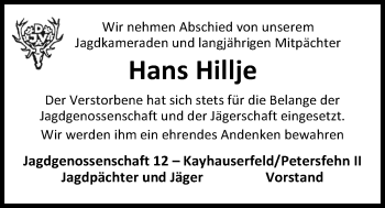 Traueranzeige von Hans Hillje von Nordwest-Zeitung