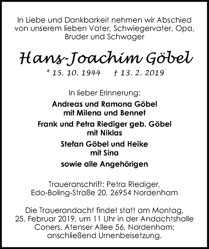 Traueranzeige für Hans-Joachim Göbel vom 16.02.2019 aus Nordwest-Zeitung