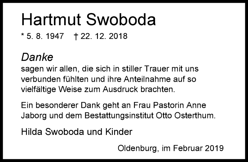  Traueranzeige für Hartmut Swoboda vom 09.02.2019 aus Nordwest-Zeitung