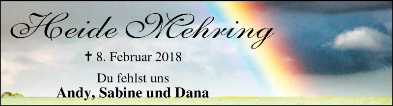  Traueranzeige für Heide Mehring vom 08.02.2019 aus Nordwest-Zeitung