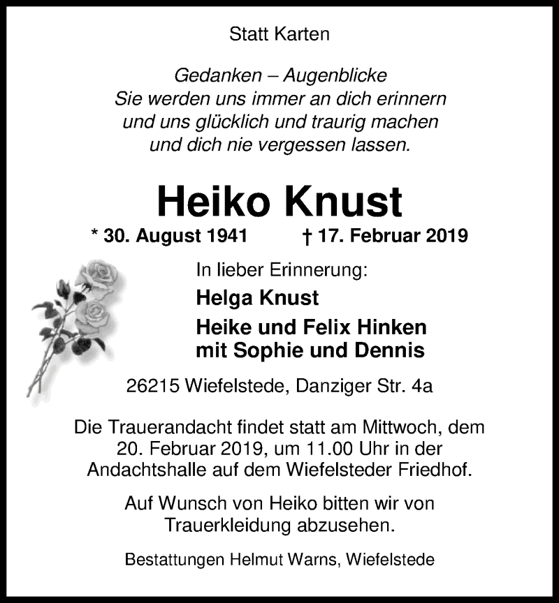  Traueranzeige für Heiko Knust vom 19.02.2019 aus Nordwest-Zeitung
