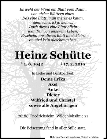 Traueranzeige von Heinz Schütte von Nordwest-Zeitung