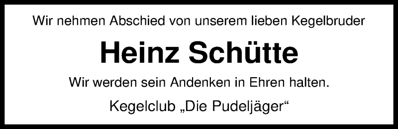  Traueranzeige für Heinz Schütte vom 22.02.2019 aus Nordwest-Zeitung