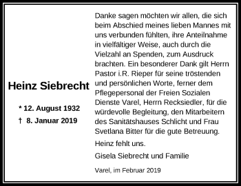 Traueranzeige von Heinz Siebrecht von Nordwest-Zeitung