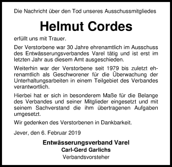 Traueranzeige von Helmut Cordes von Nordwest-Zeitung