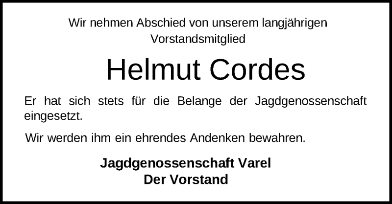  Traueranzeige für Helmut Cordes vom 06.02.2019 aus Nordwest-Zeitung